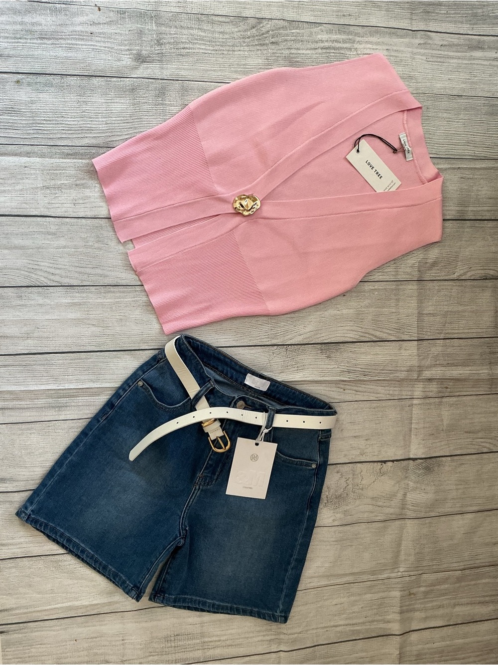 Love Tree Pink Knit Vest with Denim Jean Shorts and White Belt